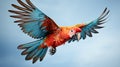 the aerial acrobatics of a parrot on agile flight against a pure white backdrop Royalty Free Stock Photo