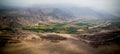 Aerial airplane panoramic view to Nazca plateau with geoglyph lines , Ica, Peru