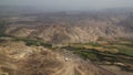 Aerial airplane panoramic view to Nazca plateau with geoglyph lines , Ica, Peru Royalty Free Stock Photo