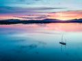 Aerial of an amazing sunset with sailing vessel Loch Creran, Barcaldine, Argyll Royalty Free Stock Photo
