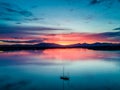 Aerial of an amazing sunset with sailing vessel Loch Creran, Barcaldine, Argyll Royalty Free Stock Photo