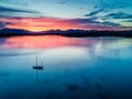 Aerial of an amazing sunset with sailing vessel Loch Creran, Barcaldine, Argyll Royalty Free Stock Photo