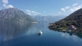 AERIAL. Amazing view to Catamaran cruising in open sea at windy day. Drone view - birds eye angle Royalty Free Stock Photo