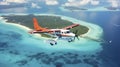 Aerial Archipelago Adventure: Witnessing the Beauty of Islands from a Soaring Seaplane. Generative AI
