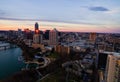 Aerial Austin Texas Sunset Golden Hour skyline pink Horizon and Golden reflections off Skyscrapers Royalty Free Stock Photo