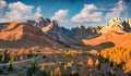 Aerial autumn scene of Fuchiade valley. Colorful morning view of Dolomite Alps, Italy, Europe. Royalty Free Stock Photo