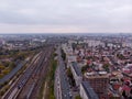 Aerial autumn view of Basarab station, many railways. Bucharest. Romania