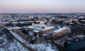 Aerial winter view of Monastery of the Bare Carmelites in Berdichev, Ukraine. Travel destinations across Ukraine