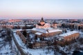 Aerial winter view of Monastery of the Bare Carmelites in Berdichev, Ukraine. Travel destinations across Ukraine