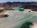 Aerial of Balandra bay surrounded by grey sand dunes Royalty Free Stock Photo