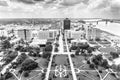 Aerial of baton Rouge with Huey Long statue and skyline