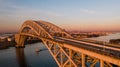 Aerial of Bayonne Steel Arch Bridge + Manhattan - Kill Van Kull - Bayonne, New Jersey and Staten Island, New York City, New York Royalty Free Stock Photo