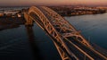 Aerial of Bayonne Steel Arch Bridge + Manhattan - Kill Van Kull - Bayonne, New Jersey and Staten Island, New York City, New York Royalty Free Stock Photo