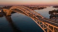 Aerial of Bayonne Steel Arch Bridge + Manhattan - Kill Van Kull - Bayonne, New Jersey and Staten Island, New York City, New York Royalty Free Stock Photo