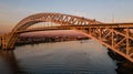 Aerial of Bayonne Steel Arch Bridge + Manhattan - Kill Van Kull - Bayonne, New Jersey and Staten Island, New York City, New York Royalty Free Stock Photo