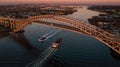 Aerial of Bayonne Steel Arch Bridge + Manhattan - Kill Van Kull - Bayonne, New Jersey and Staten Island, New York City, New York Royalty Free Stock Photo