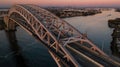 Aerial of Bayonne Steel Arch Bridge + Manhattan - Kill Van Kull - Bayonne, New Jersey and Staten Island, New York City, New York Royalty Free Stock Photo