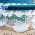 Aerial beach top view above seashore with blue wave and white frothy summer