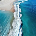 Aerial beach top view above seashore with blue wave and white frothy summer