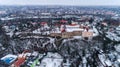 Aerial beatiful grimly view on Uzhhorod Castle in winter. Royalty Free Stock Photo