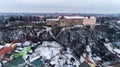 Aerial beatiful grimly view on Uzhhorod Castle in winter. Royalty Free Stock Photo