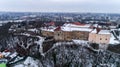 Aerial beatiful grimly view on Uzhhorod Castle in winter. Royalty Free Stock Photo