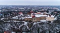 Aerial beatiful grimly view on Uzhhorod Castle in winter. Royalty Free Stock Photo