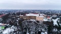 Aerial beatiful grimly view on Uzhhorod Castle in winter. Royalty Free Stock Photo