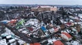 Aerial beatiful grimly view on Uzhhorod Castle in winter. Royalty Free Stock Photo