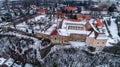 Aerial beatiful grimly view on Uzhhorod Castle in winter. Royalty Free Stock Photo