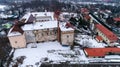 Aerial beatiful grimly view on Uzhhorod Castle in winter. Royalty Free Stock Photo