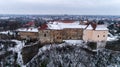 Aerial beatiful grimly view on Uzhhorod Castle in winter. Royalty Free Stock Photo