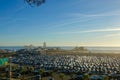 AERIAL: Beautiful drone view of a full parking lot by the Santa Monica Pier