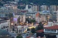 AERIAL: Beautiful drone view of the Skopje city square on a summer evening.