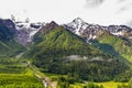 Aerial mountainous scenery of Chamonix valley, France in summer