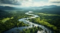 Aerial beautiful shot of a long run river through the jungle