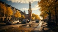 Aerial beautiful shot of road tower in copenhagen, denmark