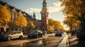 Aerial beautiful shot of road tower in copenhagen, denmark