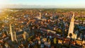 Aerial of Belfry of Bruges is a medieval bell tower Bruges Belgium. 4k Royalty Free Stock Photo