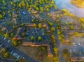 Aerial bird eye view houses of low rise houses in quite sleep area in middle class community a beautiful foggy morning Royalty Free Stock Photo