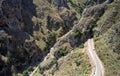 Aerial bird\'s-eye view from drone on Topolia Gorge canyon and road tunnel Royalty Free Stock Photo