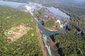 Aerial bird's-eye view panorama of Iguazu Falls from above, from a helicopter. Border of Brazil and Argentina. National park.