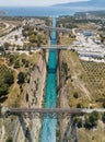 Aerial bird`s eye view photo taken by drone of famous Corinth Canal with turquoise water, Peloponnese, Greece. The Royalty Free Stock Photo