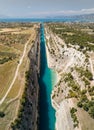 Aerial bird`s eye view photo taken by drone of famous Corinth Canal with turquoise water, Peloponnese, Greece. The Royalty Free Stock Photo