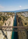 Aerial bird`s eye view photo taken by drone of famous Corinth Canal with turquoise water, Peloponnese, Greece. The Royalty Free Stock Photo