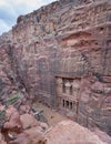 Aerial or bird view on Al-Khazneh (The Treasury), Beautiful temple in the ancient Arab Nabatean Kingdom city of Petra