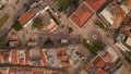 Aerial birds eye overhead top down view of Gil Eanes square in Lagos, Algarve, Portugal, drone rising up, day