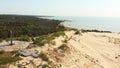 Aerial birds eye view Curonian Spit panorama. Summer holidays baltics. Baltic sea coast and fir tree forests. Nida, Neringa,