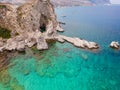 Aerial birds eye view drone photo beach on Rhodes island, Dodecanese, Greece. Panorama with nice lagoon and clear blue water. Royalty Free Stock Photo