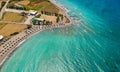 Aerial birds eye view drone photo beach on Rhodes island, Dodecanese, Greece. Panorama with nice lagoon and clear blue water. Royalty Free Stock Photo